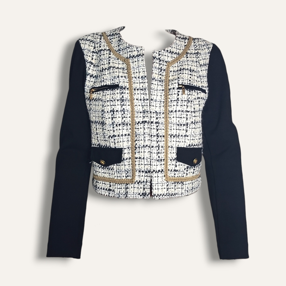 CACHE Boucle Wool Blend Tweed Jacket - Black & White (6 / Small)